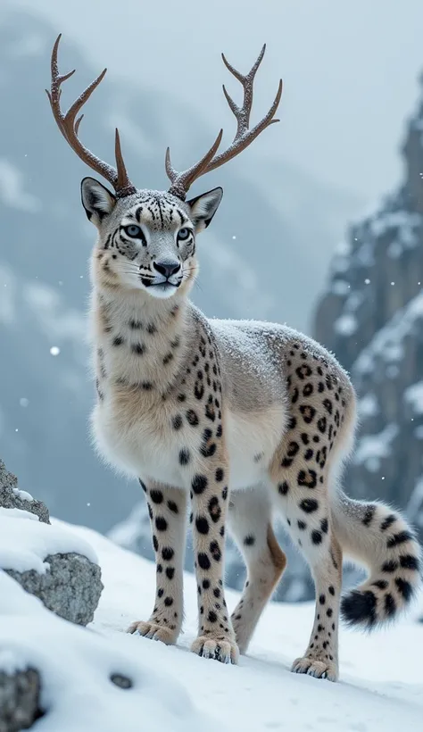 A mystical hybrid creature blending the elegance of a deer with the fierce traits of a snow leopard, standing in a snowy, mountainous landscape. It has the graceful body and long legs of a deer, but its fur is thick, spotted, and dense like a snow leopards...