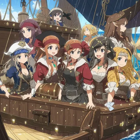 Anime, high detailed, a full girls pirate team,  multiple girls, pirates ship, pirates clothes, long spiked hair, elf ears, pirates crew, one of them using a pirate headband, gems in treasure chests, Raining diamonds, diamonds between them, their hands dri...