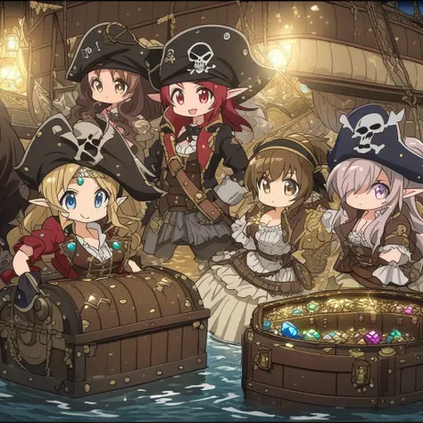 Anime, high detailed, a full girls pirate team,  multiple girls, pirates ship, pirates clothes, long spiked hair, elf ears, pirates crew, one of them using a pirate headband, gems in treasure chests, Raining diamonds, diamonds between them, their hands dri...