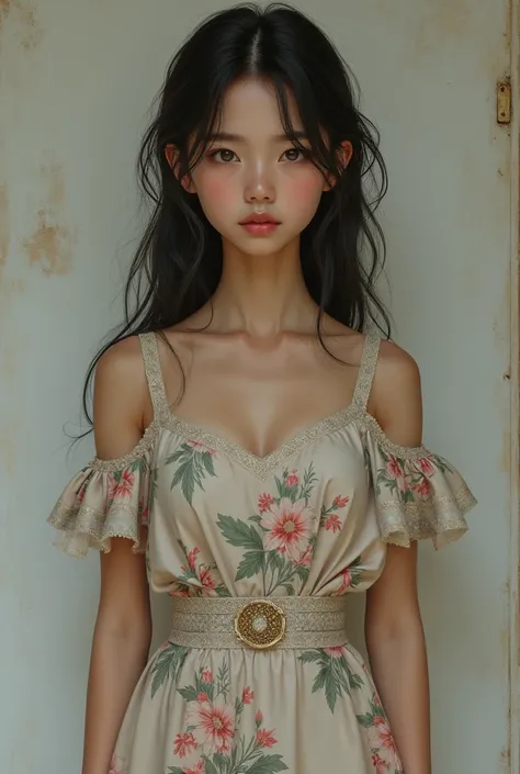 a ,age 16, body front,With flower dress,with a serious look 