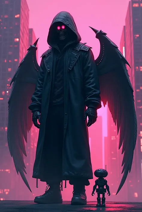 A hacker standing with large mechanical wings, a cybernetic mask shaped like death, looking diagonally to the left with a hooded sweater, a round mini android on his right leg in a city of colors pink and purple. 


