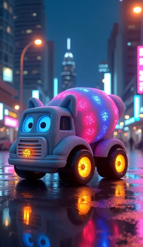 Create a whimsical scene featuring a cartoon-style soft knitted cement mixer truck designed to look like a cute cat. The truck is adorned with colorful, glowing  led bright lights patterns and polka dots in vibrant blue and pink colors against a nighttime ...