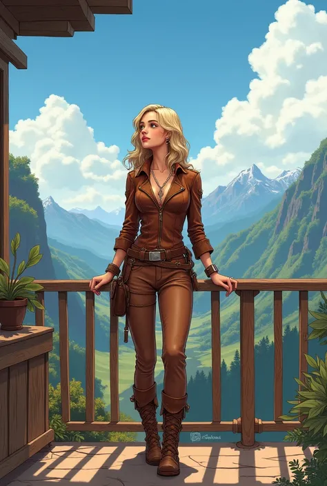 (((semi-realistic Western comics style illustration))) The image shows a young woman standing on a balcony overlooking a beautiful landscape. She is wearing a brown leather outfit with a high neckline and long sleeves. The outfit has a belt with a buckle a...