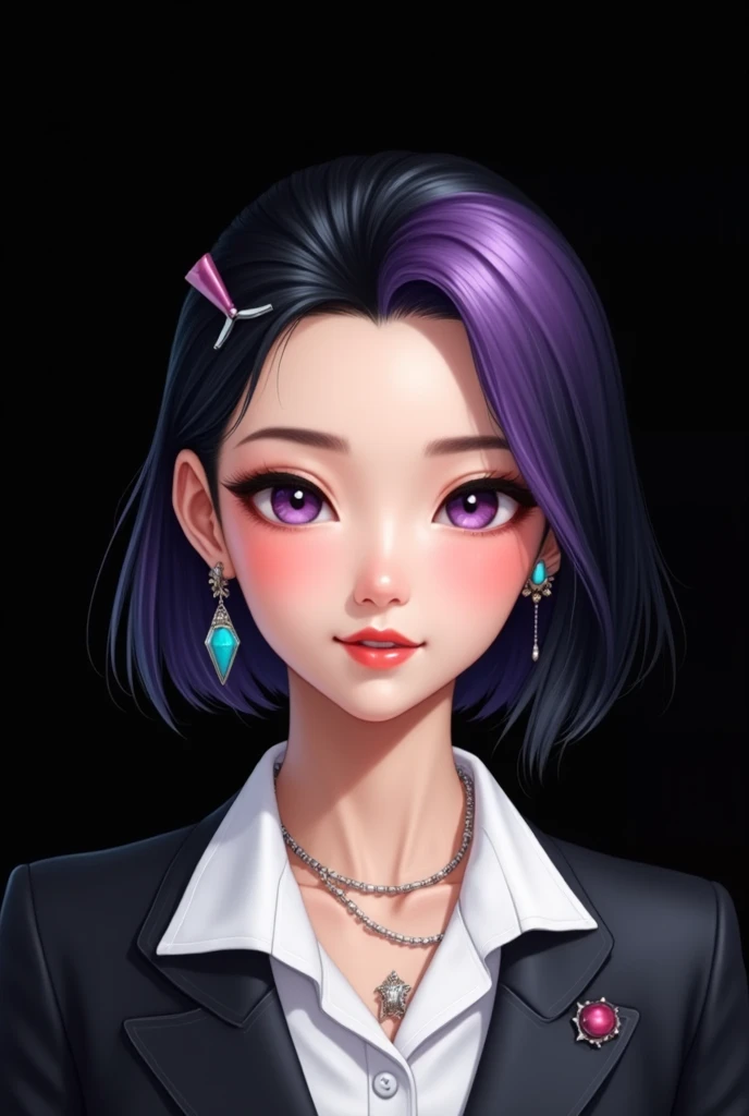 Masterpiece,1girl,solo, light smile, metal necklace, white shirt, modern school uniform, accessories, two-tone hair color in purple and black, unique hairstyle, stylish, black background