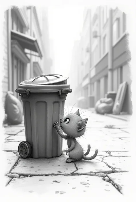 A drawing of a baby cat, small, in pencil, Looking for food in a garbage can on the street