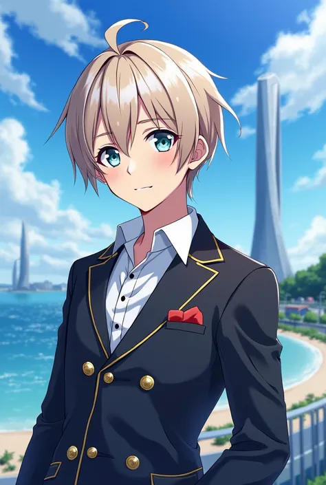  Draw an animated picture of “Izumi Iori,” one of the characters in the anime genre called idolish7. Hes a short cut with slightly long side hair in Odaeo Gama. . 