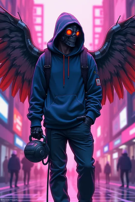 A hacker standing with large mechanical wings, a cybernetic mask shaped like a caravel, looking diagonally to the left, wearing a hooded sweater, a round android on his right leg in a city of colors pink and purple. 


