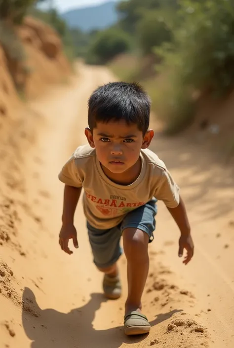 Real photo of a ten-year-old boy wearing denim shorts and light brown Venezuelan t-shirt from the state of Guarico climbing up a sand road with a worried face 