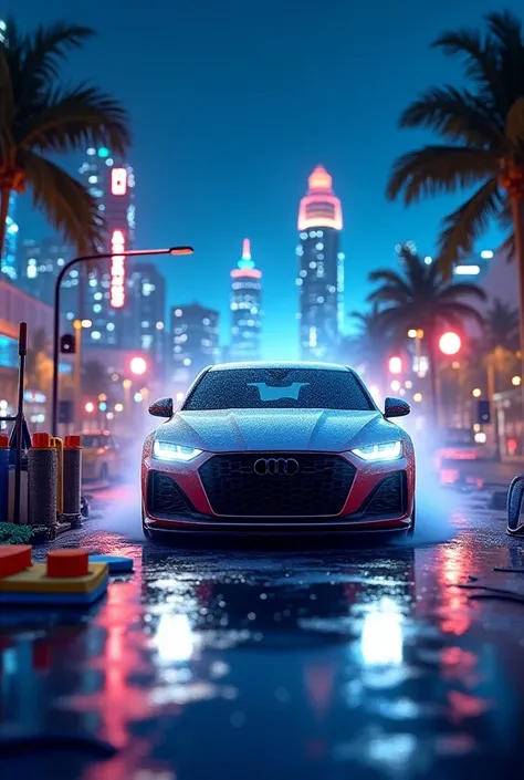 Animated car wash logo with a car with foam and tools for washing cars in the background of the city of Miami at night with its lights and roads