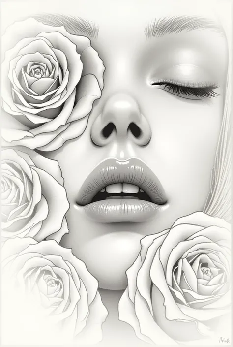 Sketch of a girls face , видно только губы, only lips can be seen in front of the rose 