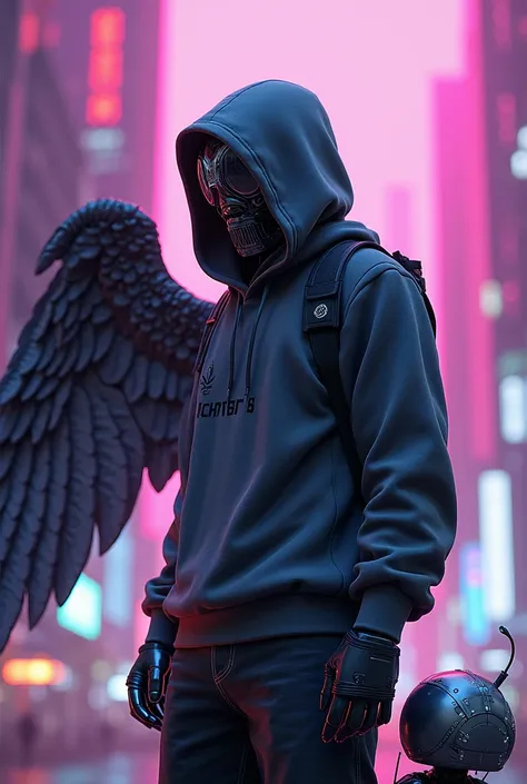 A hacker standing with large mechanical wings, a cybernetic mask shaped like a caravel, looking diagonally to the left with a hooded sweater, an android with hands and feet that reaches around the knee and is round in a city of pink and purple colors. 


