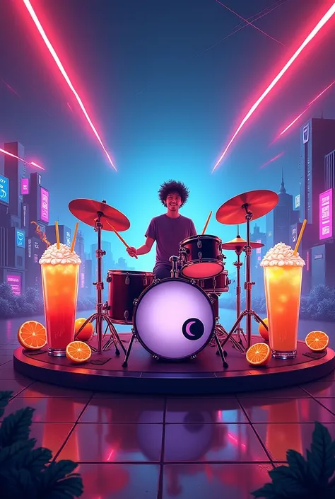 A drummer stage with different classic anime-style drinks