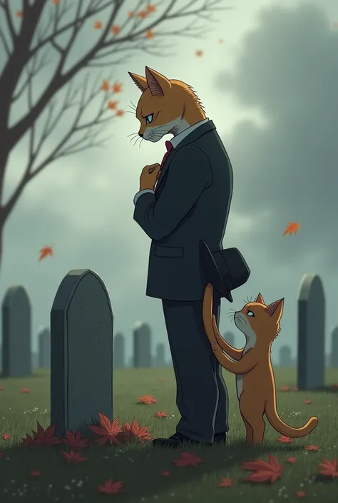 "An anthropomorphic male cat and his son stand at a simple grave in a peaceful graveyard, under a cloudy, gray sky. The father cat is wearing a dark suit, his hat held to his chest as he looks down at the gravestone with deep sorrow. The young kitten stand...