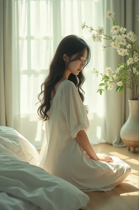 As you enter the room, soft music is playing, and the scent of jasmine fills the air. Hari is already there, kneeling by the bed. Shes dressed in a simple white cotton dress, her hair loose and cascading down her back.