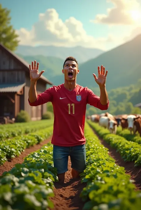 Ronaldo (laughing): "I thought farming was just about plowing fields, not... this." Wearing a football tshirt