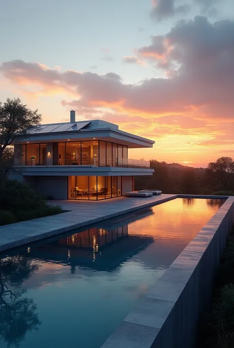 An individual house with pool and large windows, futuristic but firm and with underground garage and solar panels at sunset 