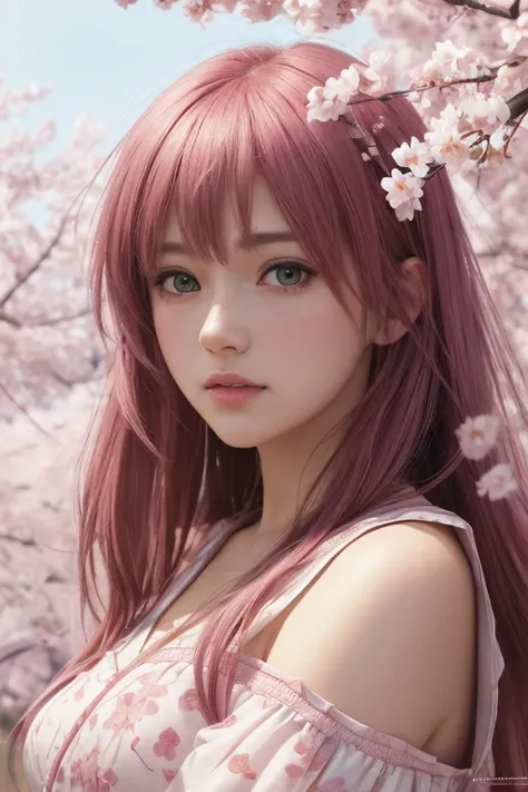 1girl, pink long hair, green eyes, cherry blossom petals, spring sakura, 4k anime style, beautiful anime girl, kitakawa marin fanart, splash art anime loli, anime style 4k, anime moe art style, high quality anime art style, detailed anime art, anime wallpa...