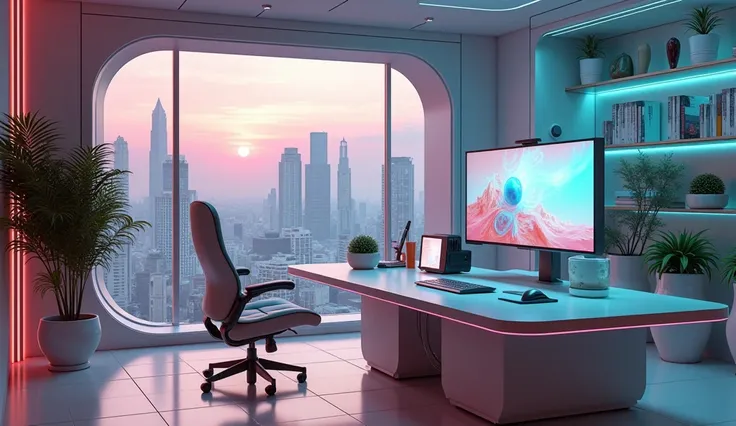 Maximum quality masterpiece, 4k resolution, (best quality, 4k, 8k, highres, masterpiece:1.2), ultra-detailed, (realistic, photorealistic, photo-realistic:1.37), HDR, There is a table，There is a monitor，There is a chair in front, futuristic interior, futuri...