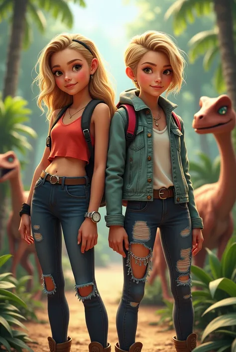 Create a blonde from the Netflix series Jurassic World: Jurassic Camp with a younger and more stylish outfit, do it alongside Brooklyn the one in the series

Do it exactly as it is in the Jurassic World series: Jurassic Camp