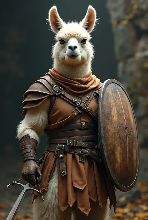 RPG Fantasy Alpaca in cloth and leather. Warrior class armed with shield and sword. Realistic 1970s movie style.