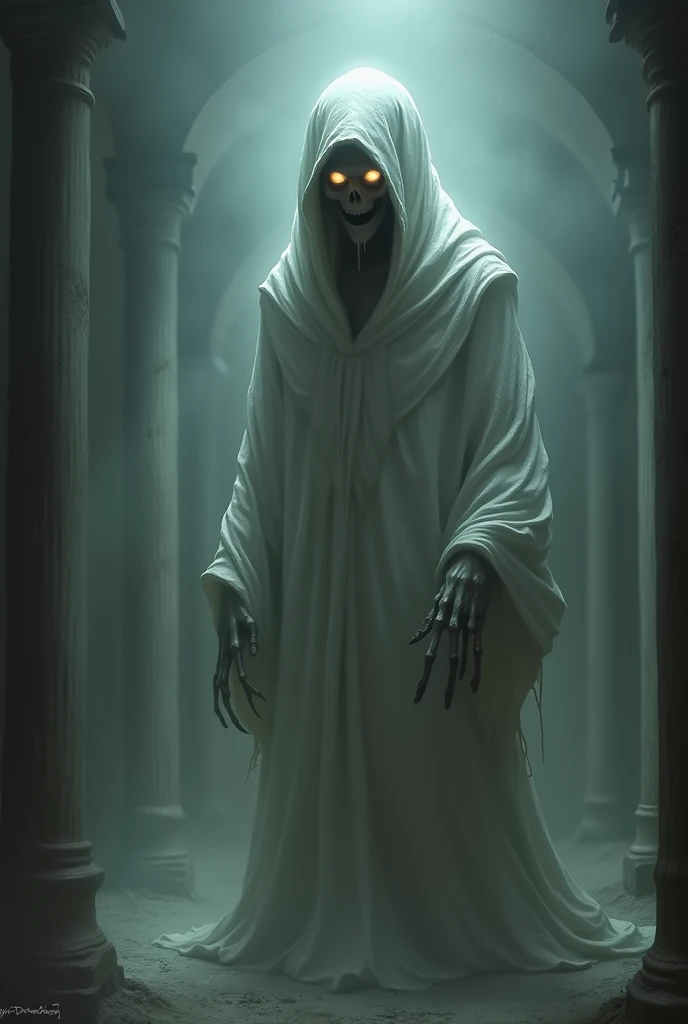 a terrifying face and glowing eyes, wrapped in white clothes and in the middle of a dark, hazy atmosphere