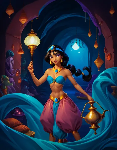 score_9, score_8_up, score_7_up, Aladdin, Genie of the Lamp, magical cave background, limited blue and purple palette, monochromatic, enchanting atmosphere, shiny lamp, adventurous 