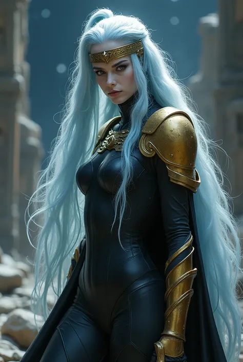 Female Goddess. Very long light blue and white ponytail. Pale white glowing skin. Black bodysuit. Golden and black mantle and shoulder pads. Golden gauntlets. Large golden headband. In a ruined city with a dark starry sky.