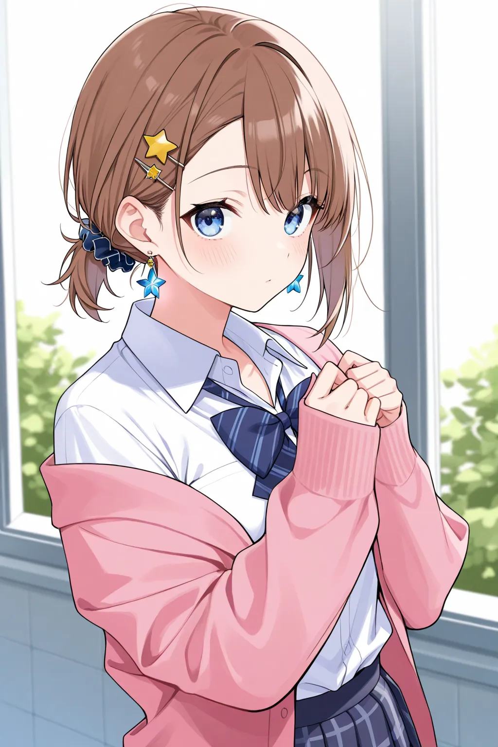 high image quality
 female high school、blue eyes、 brown hair、 short ponytail 、 asymmetrical bangs , 、front、 school uniform、simpl...