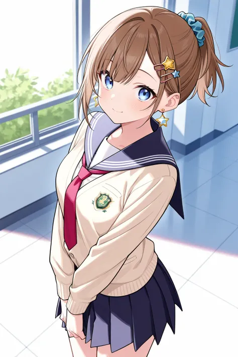 High image quality
 Female High School、Blue Eyes、 brown hair、 short ponytail 、 asymmetrical bangs , 、front、 school uniform、Simple eyes、solo, whole body、Background white、Standing、Fancy earrings、Gal、star shaped hairpin 、Scrunchie、 short skirt