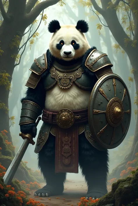 RPG fantasy armored Rasers Panda. Warrior class armed with shield and sword. Realistic 1970s movie style,