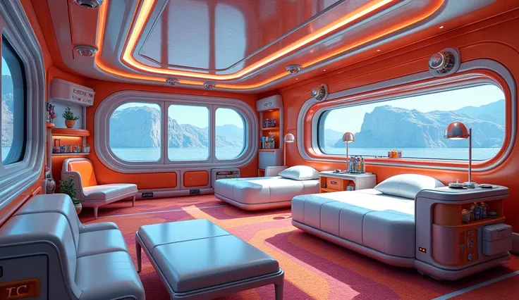 Maximum quality masterpiece, 4k resolution, (best quality, 4k, 8k, highres, masterpiece:1.2), ultra-detailed, (realistic, photorealistic, photo-realistic:1.37), HDR, A room on a spaceship with amenities, beds, food storage, futuristic storage, and colorful...