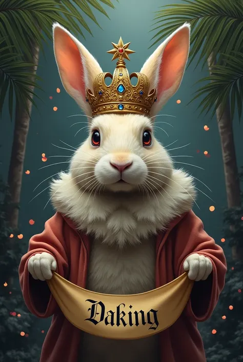 A rabbit wearing a beautiful crown ,  with a palm on each side , and a dark background with musical notes ,  and under his head a banner that says DAKING