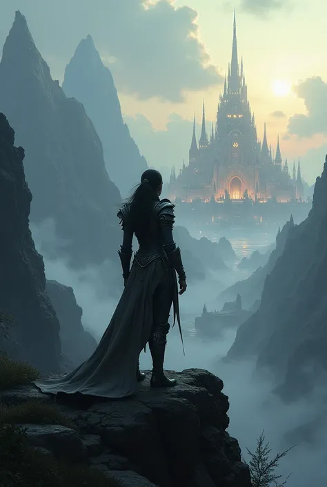 Silhouette of a warrior woman in the distance watching a great fantasy city from a mountain