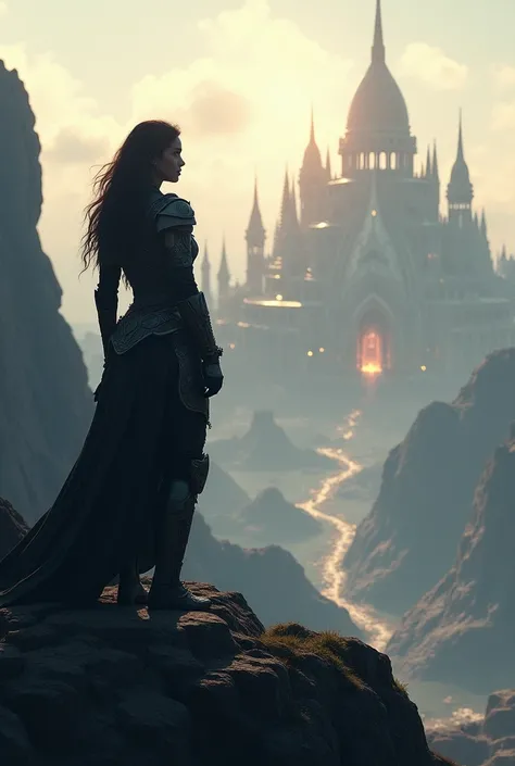 Silhouette of a warrior woman in the distance watching a great fantasy city from a mountain