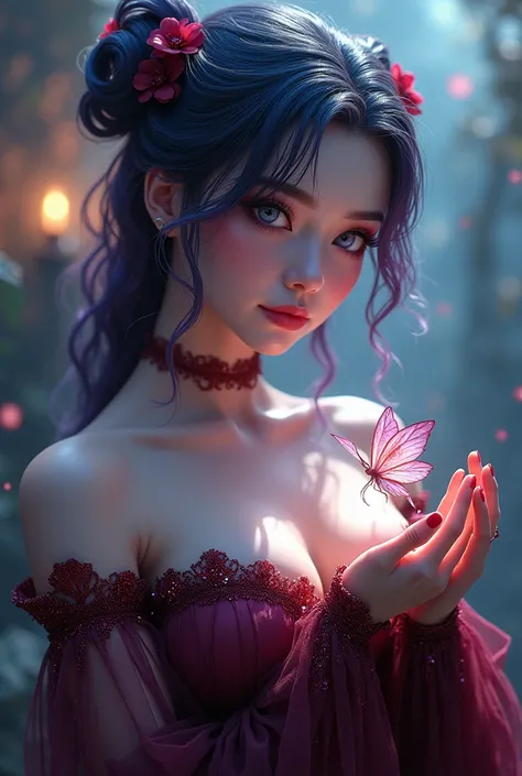  Draw a character named Luna Dark l, curled and colored hair , shiny makeup , gray and shiny eyes , burgundy round dress with plenty of Gliter Gliter,holding a fairy 