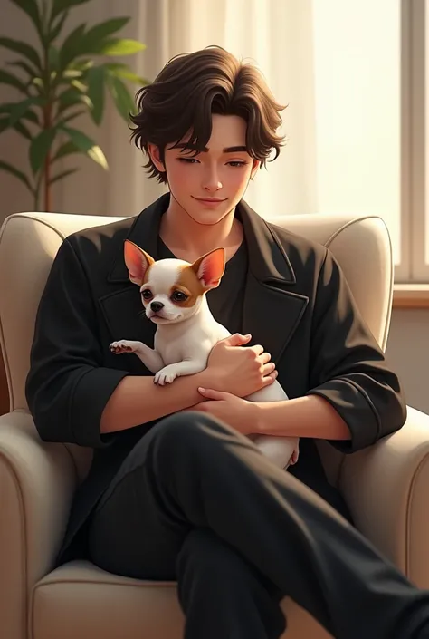  An intimate and cozy scene in an interior environment :  The young man is in a minimalist and modern room ,  sitting in an armchair while carrying his white chihuahua with brown spots .  His wavy hair falls naturally on his wide forehead ,  and his black ...