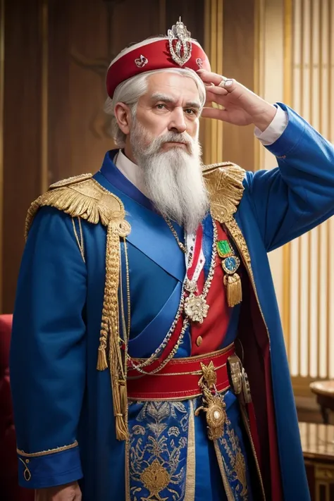 a middle-aged man with a blue crown and robe, a mix of light red and white hair, a thin red beard, extremely detailed character, high resolution, portrait, digital art, concept art, hyperrealistic, photorealistic, detailed facial features, intricate detail...