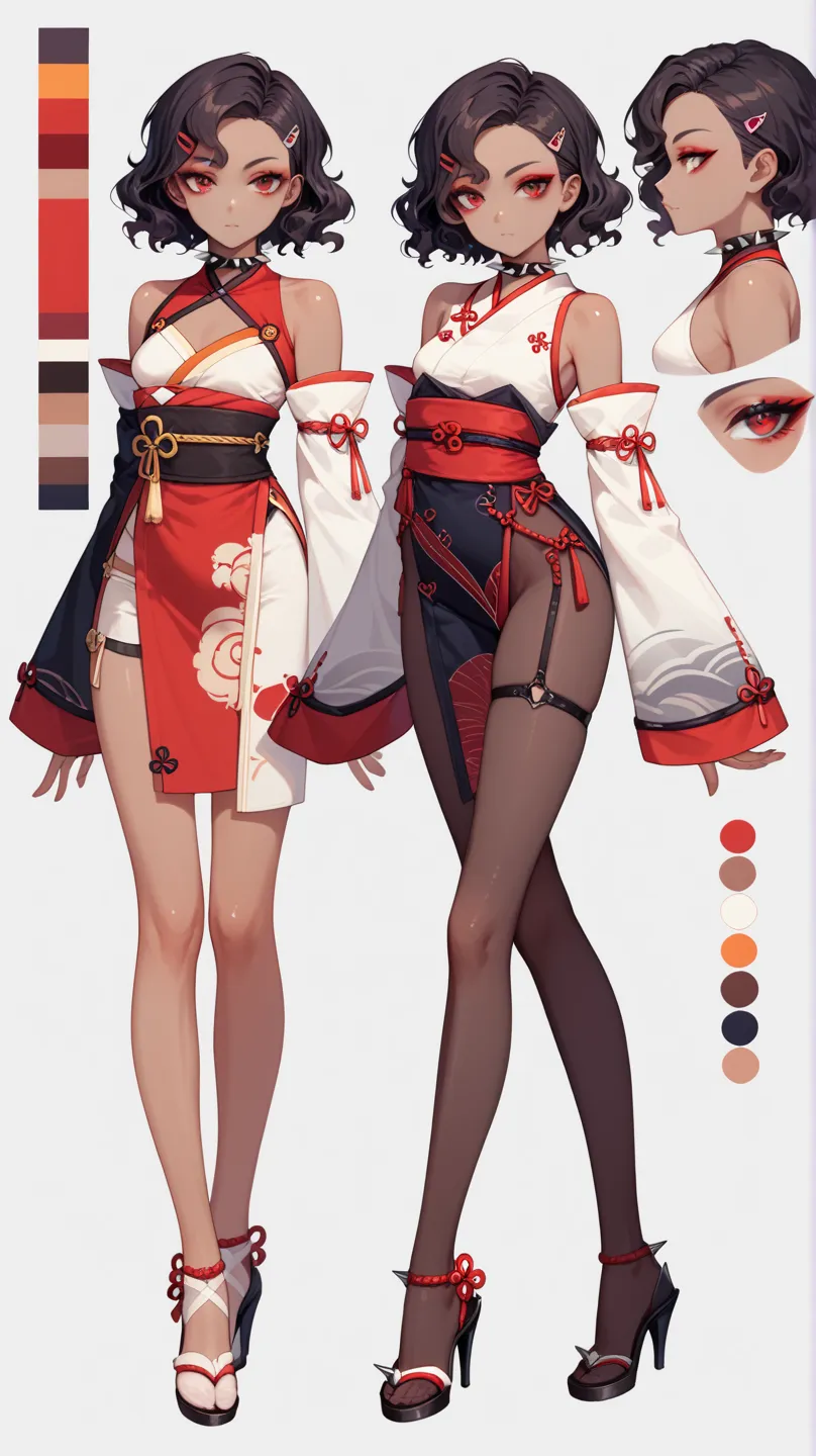 character sheet. clothing details, color palette. nsfw. dark skin petite short small anime girl, ((white) short wavy hair), red ...