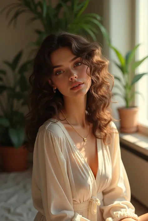 (photorealism:1.2), beautiful woman,curly hair, indoors, soft lighting, plants in background, window with sunlight, cozy room, relaxed pose, realistic, 