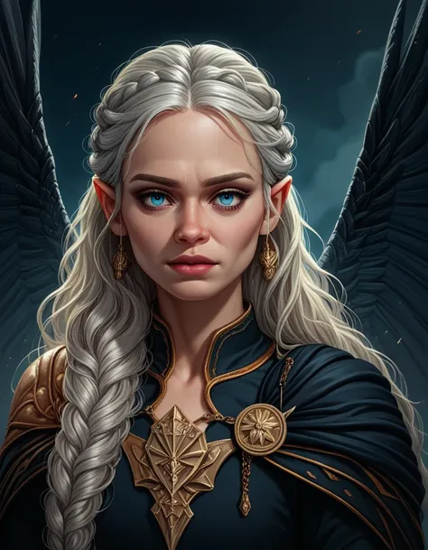 score_9, score_8_up, score_7_up, Daenerys Targaryen, Dragon, Game of Thrones setting, limited gold and black palette, monochromatic, epic atmosphere, flowing silver hair, powerful wings 