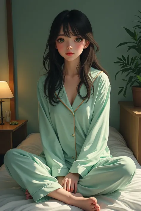 , the painting style is full、woman、Age: 20、Im not young、 the length of hair is up to the collarbone、My hair isn&#39;t long、The color of the hair is dark brown 、Hair highlights are green 、 My bangs are long enough to fit my eyes、 my hair is spread softly 、D...