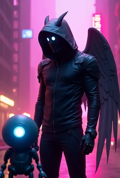 A man in a hacker suit that looks complete with a ,  hood with large mechanical wings and a black bag on his back and with a cybernetic mask with big, bright eyes and with a diagonal inclination to the left and with a medium oval android on the ground with...