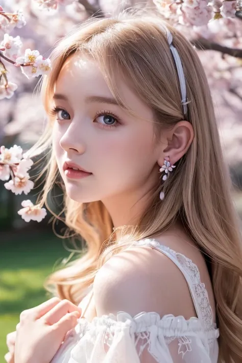 A girl in a dream-like garden with cherry blossom trees, falling petals, pink flowers, and a blue sky in spring. 1 girl, around 20 years old, with long curly blonde hair, wearing a white dress with cherry blossom embellishments, bare shoulders, and earring...