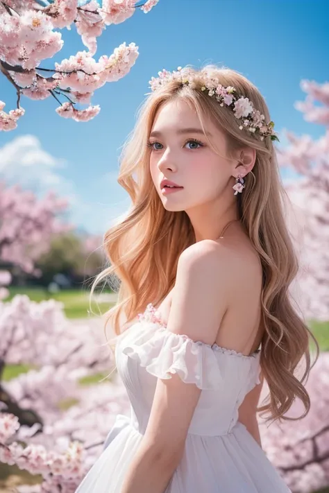 A girl in a dream-like garden with cherry blossom trees, falling petals, pink flowers, and a blue sky in spring. 1 girl, around 20 years old, with long curly blonde hair, wearing a white dress with cherry blossom embellishments, bare shoulders, and earring...