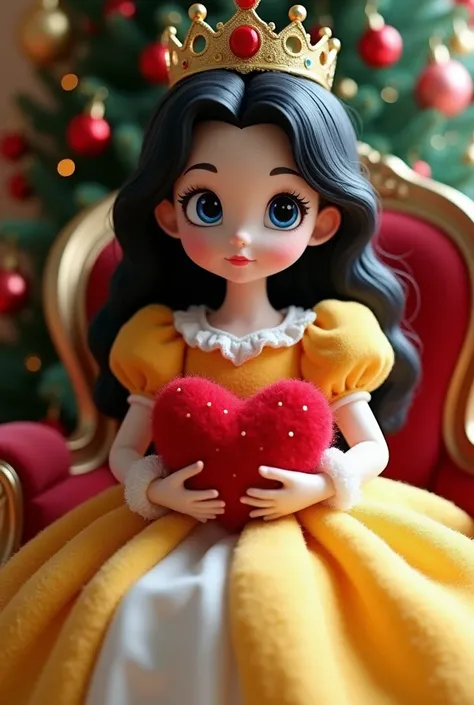  Generate a  princess her skin is white her hair color is black her eyes color is blue with crown in her head and the color of her dress is royal white combination of yellow and red sitting in a golden chair holding a heart toy with christmas tree behind h...