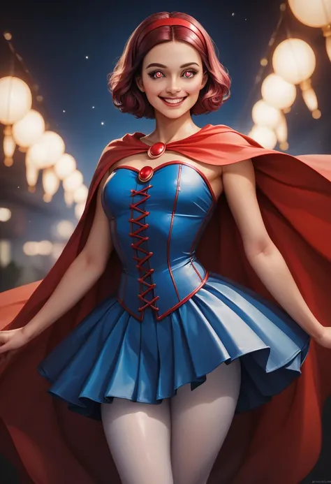  shiny maroon hair ,  short hair, ( Brown Pretty Eyes 、 Sparkling Eyes, fine grain)、smile、  super detail eyes  、  very detailed face holding 1  ,  lights ,  one girl is playing a prank , there is nothing,  best quality,Alone、 , Snow White Style , Blue silk...