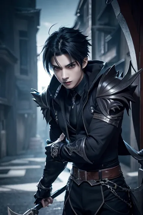 elegant gothic male character, detailed anime style, masterpiece, studio quality, 6k, full body shot, 1 boy, demon, fangs, sharp teeth, grey eyes, colorful skin, (Blue tinted skin:0.9), gothic, muscular build, black hair, highly detailed background, modern...