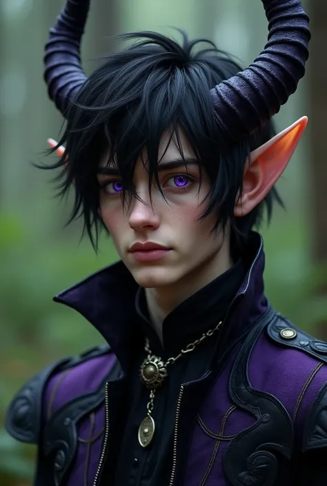  A tall man with black hair like a short and handsome night, purple eyes, purple and black accessories , medium horns ,strong, with slightly small elf ears ,  a most beautiful mystical being from that forest  