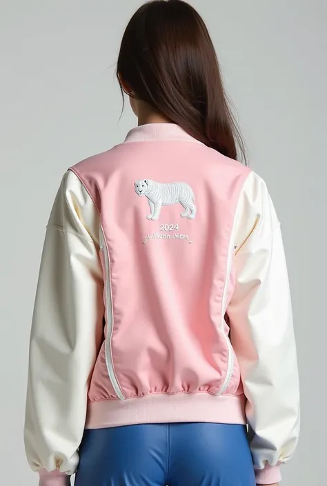 
"Imagine a reversible, below-hip-length jacket created by fashion design students for their own use, capturing a trendy, Y2K-inspired style. The jacket is made from a comfortable, cotton-like material with a matte finish, featuring a pastel pink (#ffaac6)...