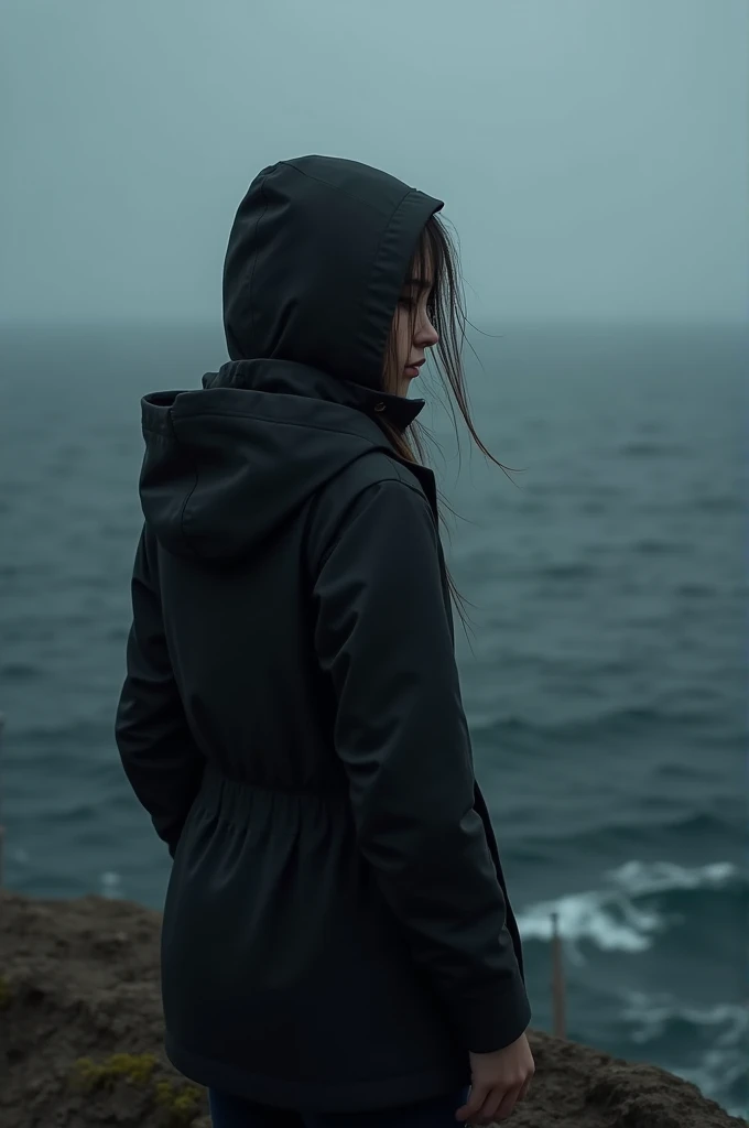  A woman wearing a black hoodie looking at the black sea, Please draw a woman with a scattered backside of her head 